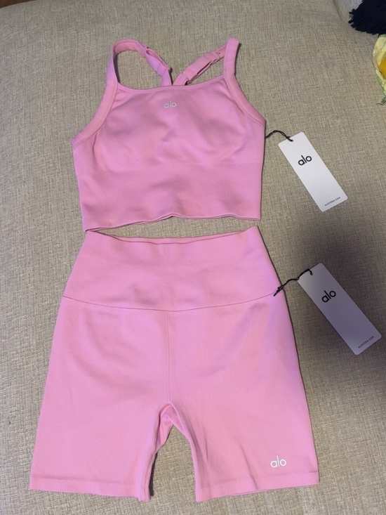ALO Yoga Tops - ALO Yoga Candy Pink Ribbed Crop Tank & High-Waist Bike Shorts Set